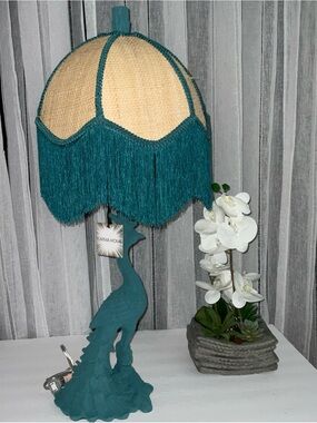 KARMA HOME GREEN 29” POLYRESIN BOHO FRINGED DOME RAFFIA UMBRELLA SHAD TABLE LAMP
